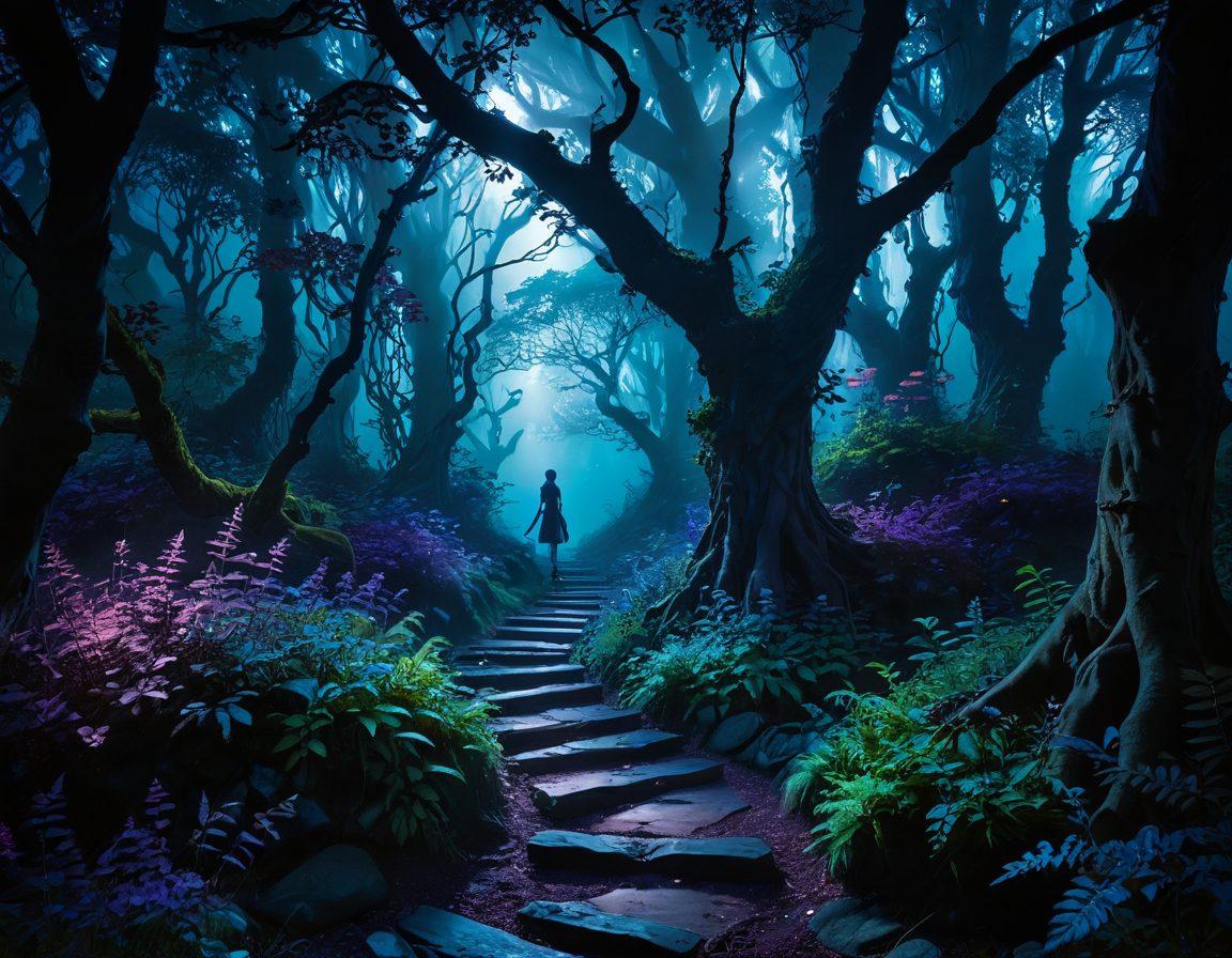 A captivating scene of a dark, mystical forest with a winding path leading to an anime-inspired hidden alcove, where ethereal figures embody various NSFW themes emerge playfully from the shadows. The color palette should be rich and alluring, featuring deep purples and glowing blues, with a soft focus on the enchanting characters. Emphasize the contrast between innocence and sensuality in an intriguing, whimsical way. surreal art style. vibrant colors.