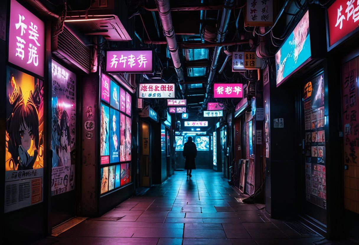 A mysterious underground scene featuring shadowy, vibrant alleyways lined with colorful posters of adult anime and manga, glowing neon signs, and characters in dynamic poses. The atmosphere is filled with a blend of intrigue and sensuality, showcasing intricate details in the artwork and an array of genres. Include a hint of underground nightlife with subtle lighting effects. cyberpunk. vibrant colors. dark background.