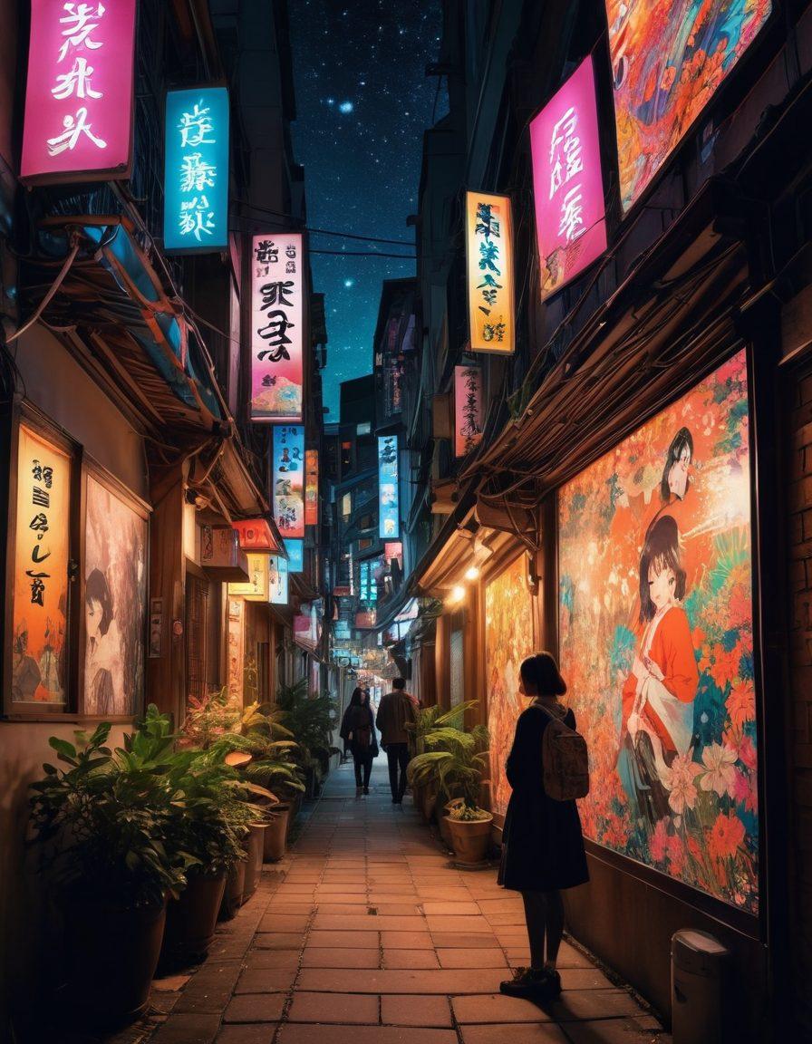 A captivating scene showcasing a mysterious, shadowy alley adorned with vibrant, oversized graphic manga posters featuring fantastical creatures and surreal landscapes. In the foreground, a diverse group of intrigued readers, featuring different ethnicities, animatedly discussing their favorite manga titles, surrounded by whimsical manga art that visualizes their conversations. Dim lighting with a hint of neon colors for a magical ambiance. digital art. vibrant colors. fantasy elements.